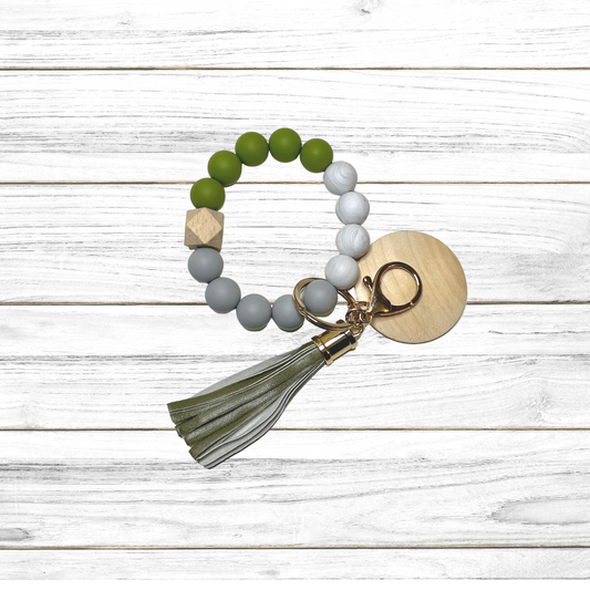 Silicone Bead Bracelet Keychain- Marble/Green