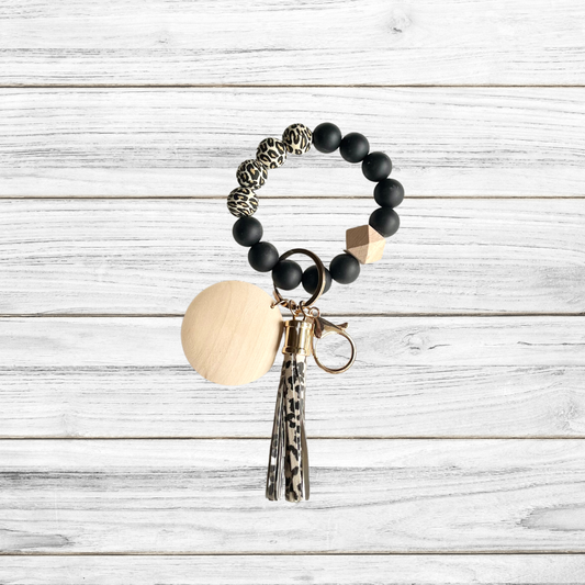 Silicone Bead Bracelet Keychain-Black/Leopard