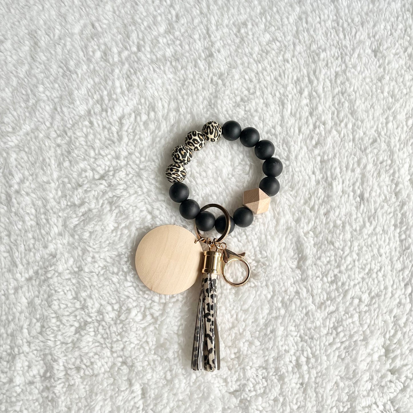 Silicone Bead Bracelet Keychain-Black/Leopard