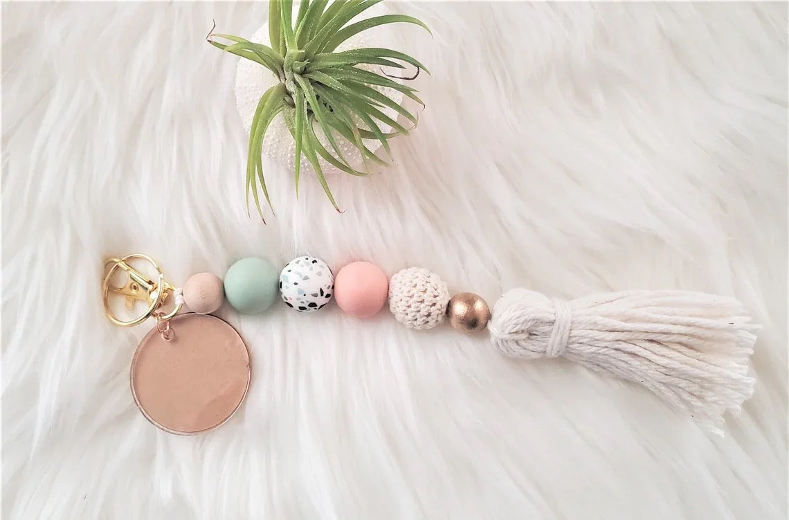 Boho Silicone and Wood Bead Keychain with Alloy Disc